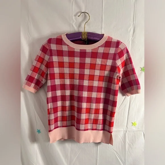 Ann Taylor Pink Red Purple Plaid Short Sleeve Sweater Top - Picture 10 of 14